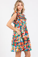 Green Floral Mock Neck Dress