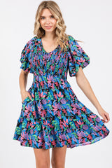 Blue Multi-Color Tropical Print Ruffle Hem Dress