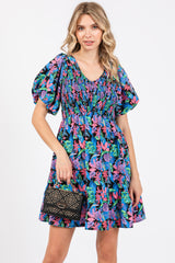 Blue Multi-Color Tropical Print Ruffle Hem Dress