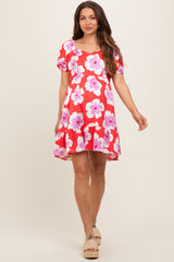 Red Floral Ruffle Hem Maternity Dress