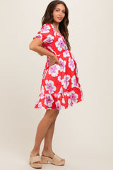 Red Floral Ruffle Hem Maternity Dress