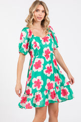 Green Floral Ruffle Hem Dress