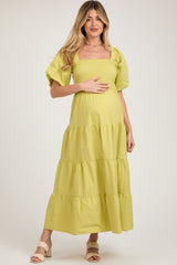 Light Olive Smocked Square Neck Puff Sleeve Tiered Maternity Maxi Dress