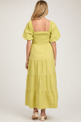 Light Olive Smocked Square Neck Puff Sleeve Tiered Maternity Maxi Dress