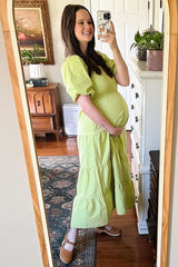 Light Olive Smocked Square Neck Puff Sleeve Tiered Maternity Maxi Dress