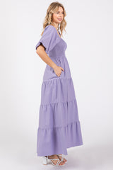 Lavender Smocked Square Neck Puff Sleeve Tiered Maxi Dress