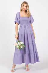 Lavender Smocked Square Neck Puff Sleeve Tiered Maxi Dress