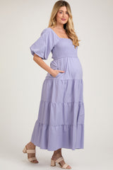 Lavender Smocked Square Neck Puff Sleeve Tiered Maternity Maxi Dress