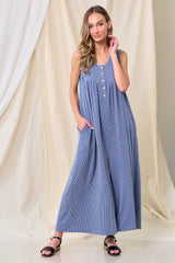 Blue Ribbed Sleeveless Button Front Maternity Jumpsuit