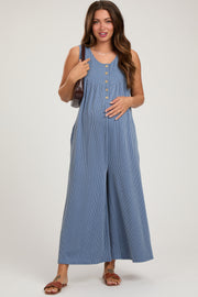 Blue Ribbed Sleeveless Button Front Maternity Jumpsuit