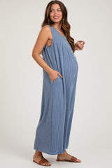 Blue Ribbed Sleeveless Button Front Maternity Jumpsuit