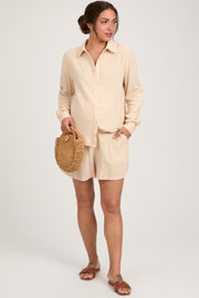 Cream Linen Button Down Long Sleeve Maternity Short Set