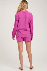 Fuchsia Linen Button Down Long Sleeve Maternity Short Set