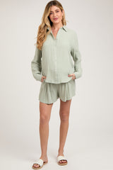 Mint Green Linen Button Down Long Sleeve Maternity Short Set