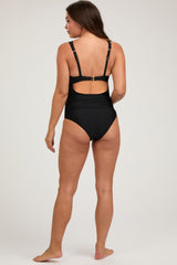 Black Mesh Detail Ruched Maternity One Piece Swimsuit