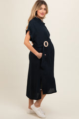 Black Button Down Belted Dolman Sleeve Maternity Midi Dress