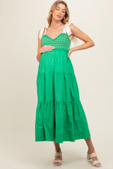 Green Ribbon Strap Tiered Maternity Maxi Dress