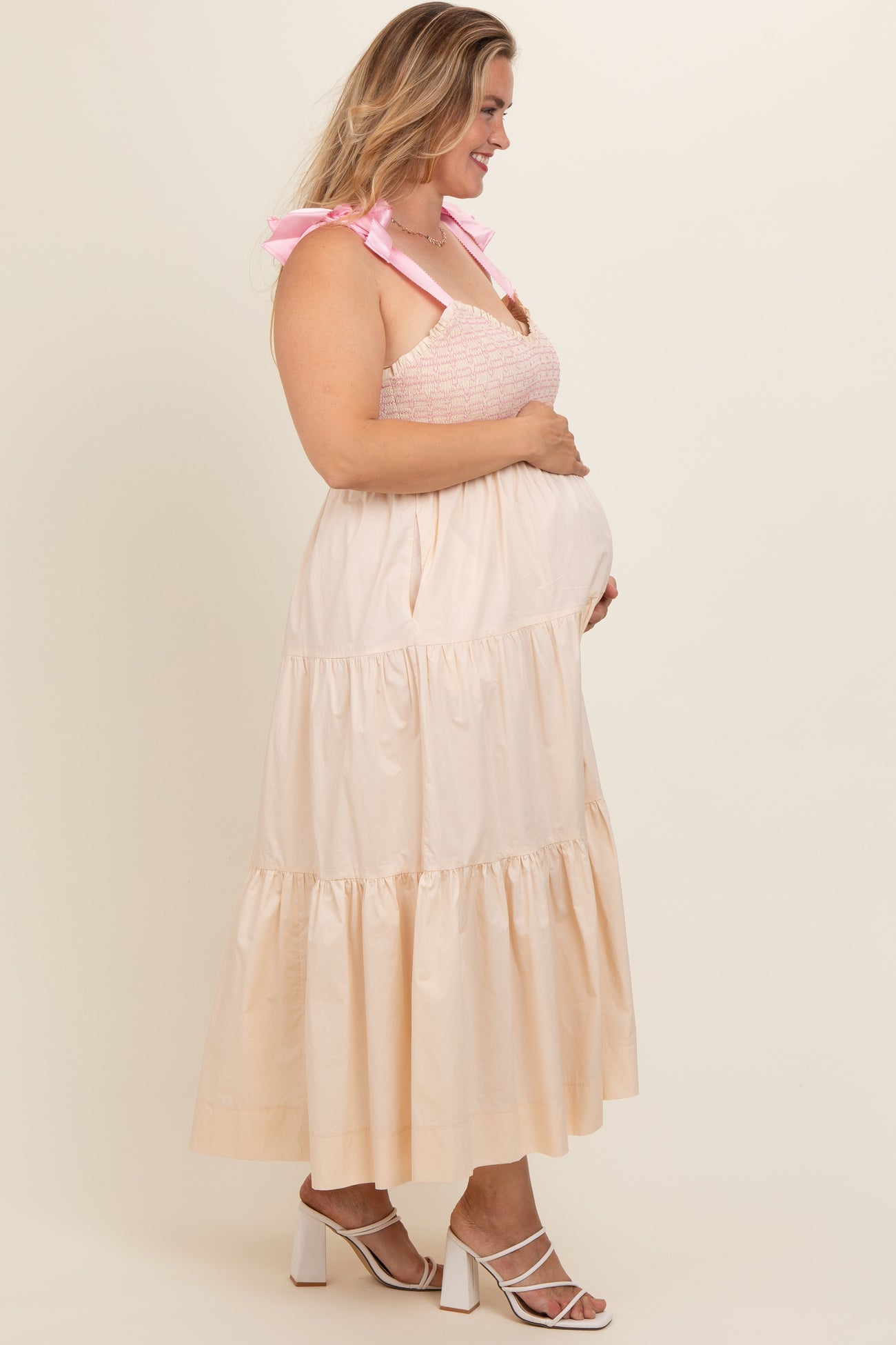 Cream Ribbon Strap Tiered Plus Maternity Maxi Dress– PinkBlush