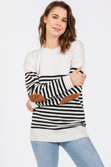 White Striped Elbow Patch Knit Maternity Sweater