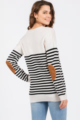 White Striped Elbow Patch Knit Sweater