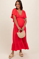 Coral Deep V-Neck Flutter Sleeve Tiered Maternity Midi Dress