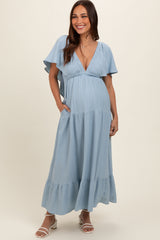 Light Blue Deep V-Neck Flutter Sleeve Tiered Maternity Midi Dress