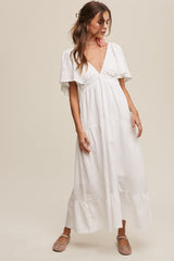 Ivory Deep V-Neck Flutter Sleeve Tiered Midi Dress