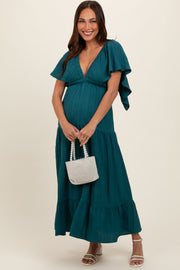 Emerald Deep V-Neck Flutter Sleeve Tiered Maternity Midi Dress