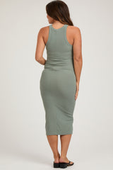 Sage Sleeveless Ribbed Fitted Maternity Midi Dress