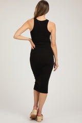 Black Sleeveless Ribbed Fitted Maternity Midi Dress