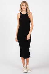 Black Sleeveless Ribbed Fitted Midi Dress