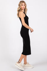 Black Sleeveless Ribbed Fitted Midi Dress