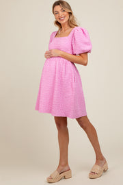 Pink Textured Bubble Sleeve Maternity Mini Dress