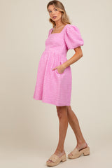 Pink Textured Bubble Sleeve Maternity Mini Dress