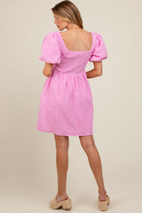 Pink Textured Bubble Sleeve Maternity Mini Dress