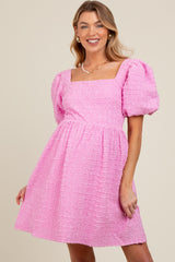 Pink Textured Bubble Sleeve Maternity Mini Dress