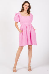 Pink Textured Bubble Sleeve Maternity Mini Dress