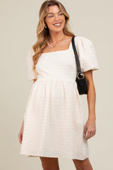 Cream Textured Bubble Sleeve Maternity Mini Dress