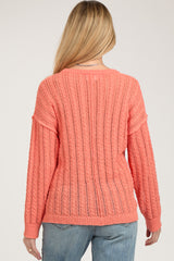 Coral Open Knit Front Button Maternity Sweater