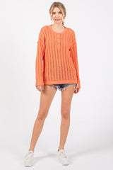 Coral Open Knit Front Button Sweater