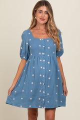 Blue Floral Embroidered Button Front Short Sleeve Maternity Dress