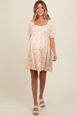 Beige Floral Embroidered Button Front Short Sleeve Maternity Dress