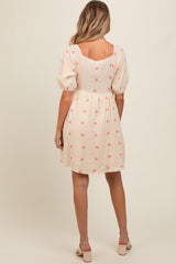 Beige Floral Embroidered Button Front Short Sleeve Maternity Dress