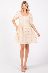 Beige Floral Embroidered Button Front Short Sleeve Dress