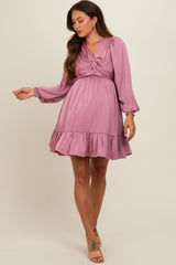 Mauve Striped Satin Twist Front Maternity Dress