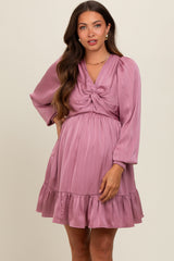 Mauve Striped Satin Twist Front Maternity Dress