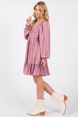 Mauve Striped Satin Twist Front Dress