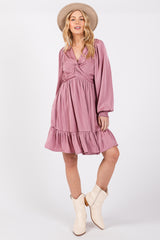 Mauve Striped Satin Twist Front Maternity Dress