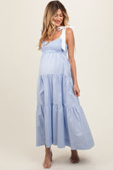 Light Blue Contrast Shoulder Straps Maternity Maxi Dress