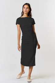 Black Boat Neck Side Ruched Waist Tie Midi Dress